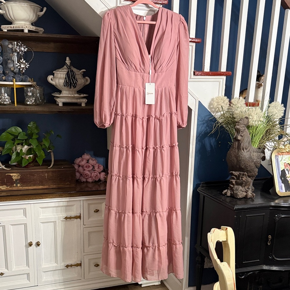 Women's Dusty Pink Tiered V-Neck Maxi Dress